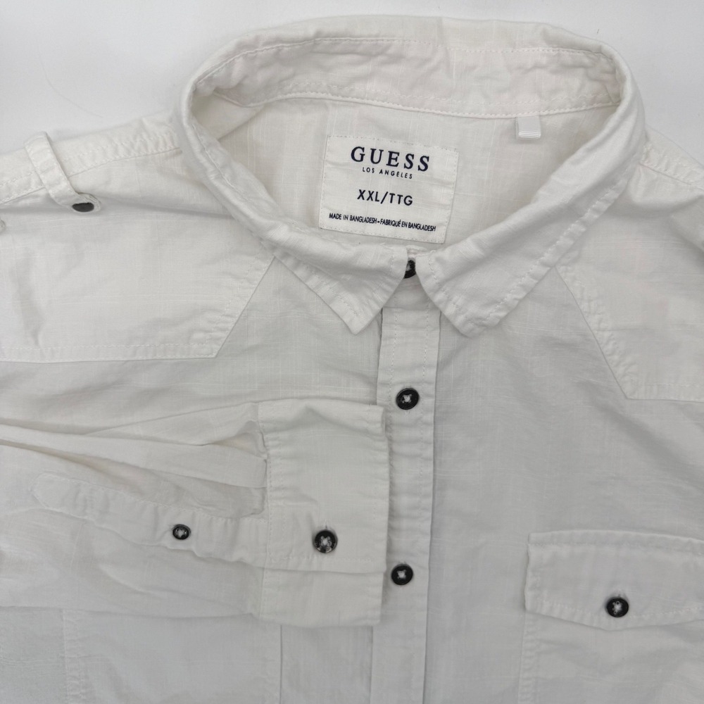 Guess Button Up Mens XXL White Military Western Epaulette Slub Cotton Shirt